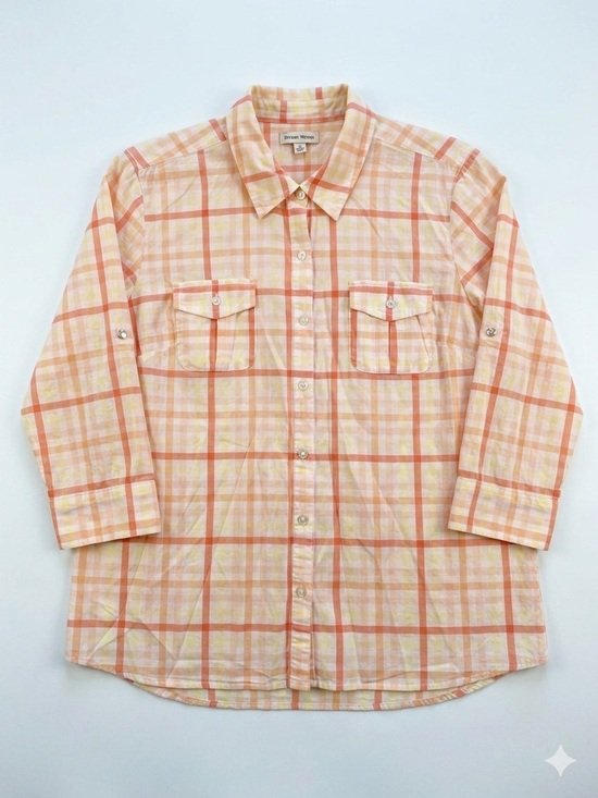 Studio Works Tops - Studio Works Peach and Cream Plaid Button-Down Shirt
